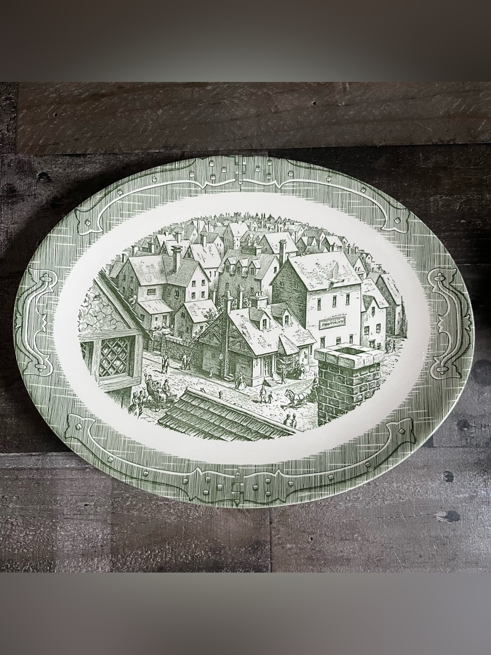 Royal China Green Colonial Platter The Old Curiosity Shop 10” X 13”